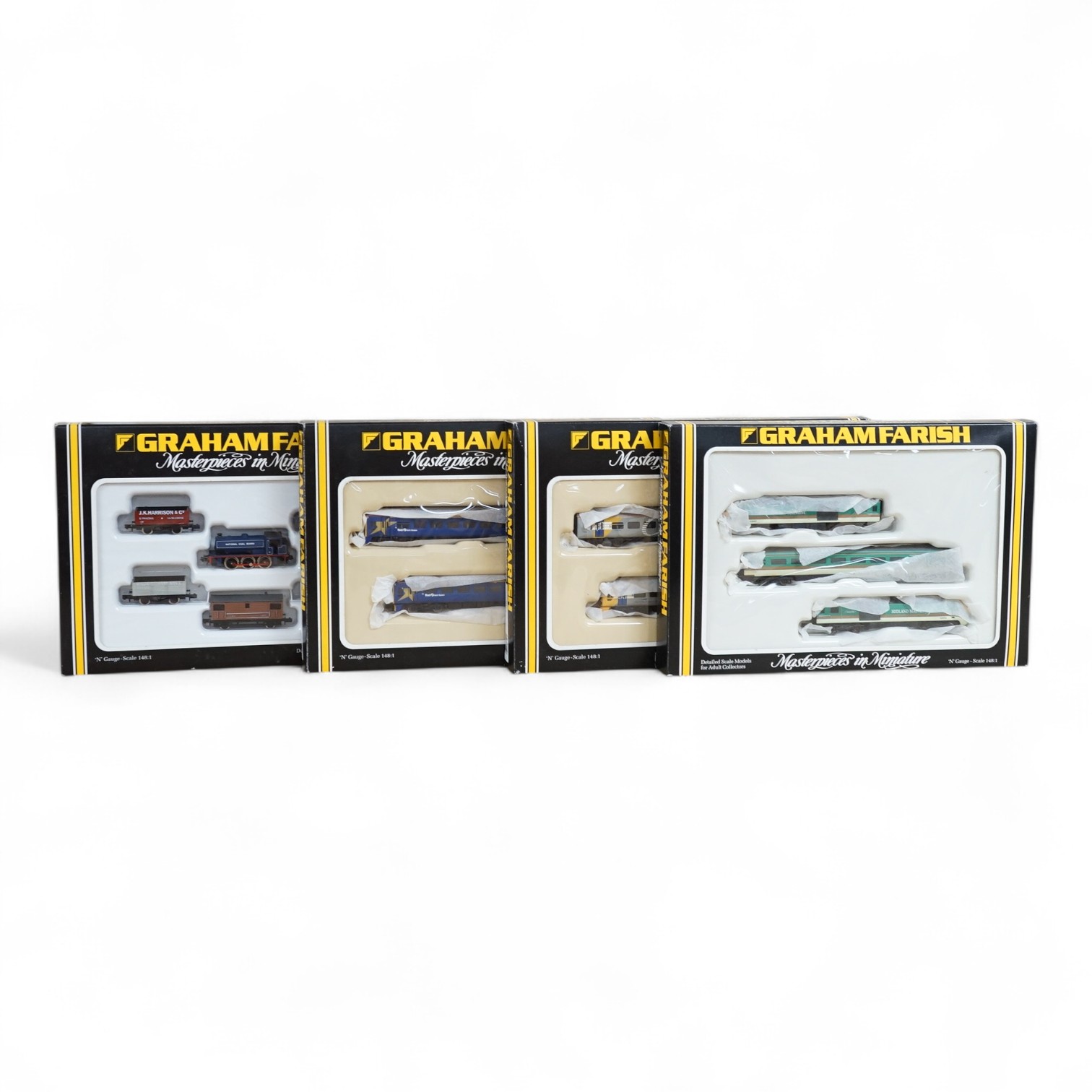 Four boxed Graham Farish N gauge railway train packs; a Midland Mainline HST 125 train (371475), a Wales and West 2-car DMU (371552), a First Northwestern 2-car DMU (371551) and a National Coal Board Class 94 locomotive